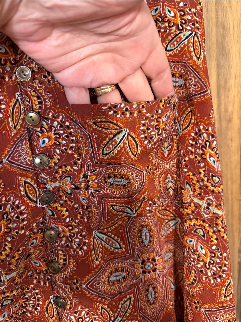 Button-Front Rust Paisley High-Low Dress - Picture 6 of 12